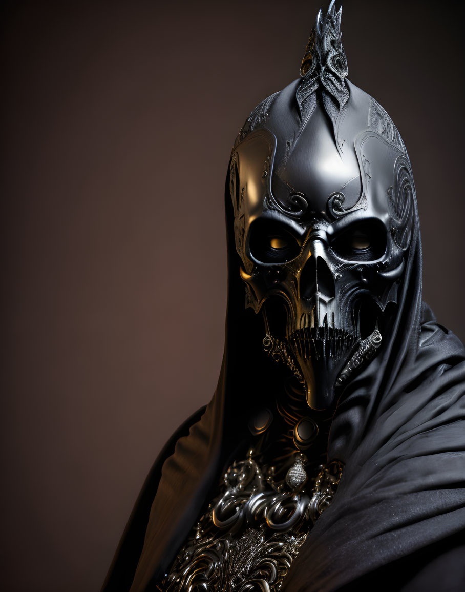 Ornate silver skull mask and hooded cloak on brown background