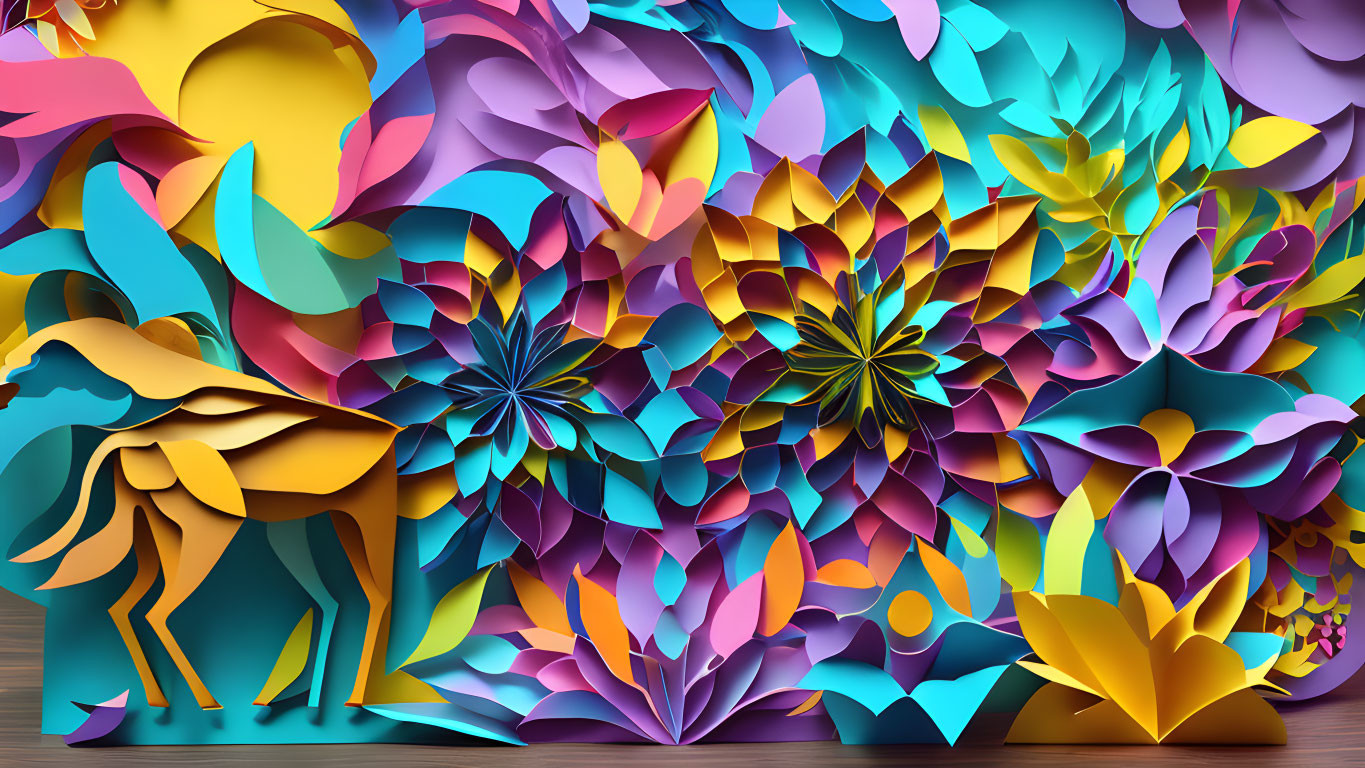 Colorful 3D illustration: Paper flowers in purple, blue, yellow, and pink