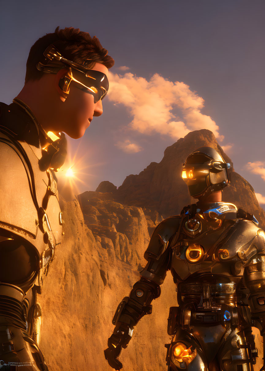 Futuristic human and robot admire sunset in rocky desert landscape