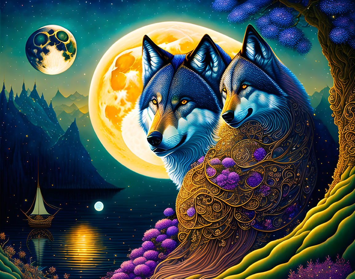 Colorful fantasy landscape with stylized wolves, full moon, ornate trees, mountains, and pag