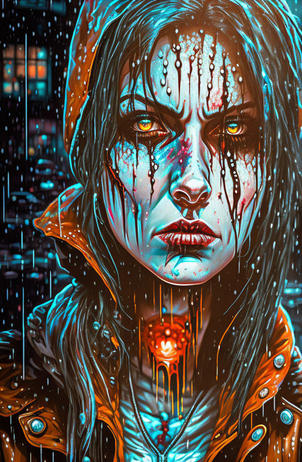 Digital artwork: Intense-eyed woman with paint drips, neon-lit cyberpunk backdrop