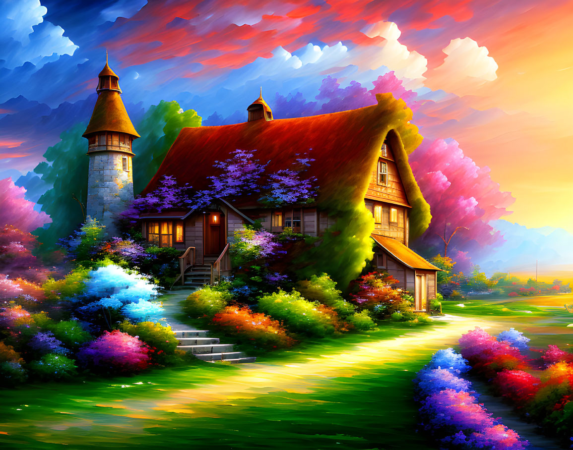 Colorful garden landscape with quaint thatched-roof house under dramatic sky