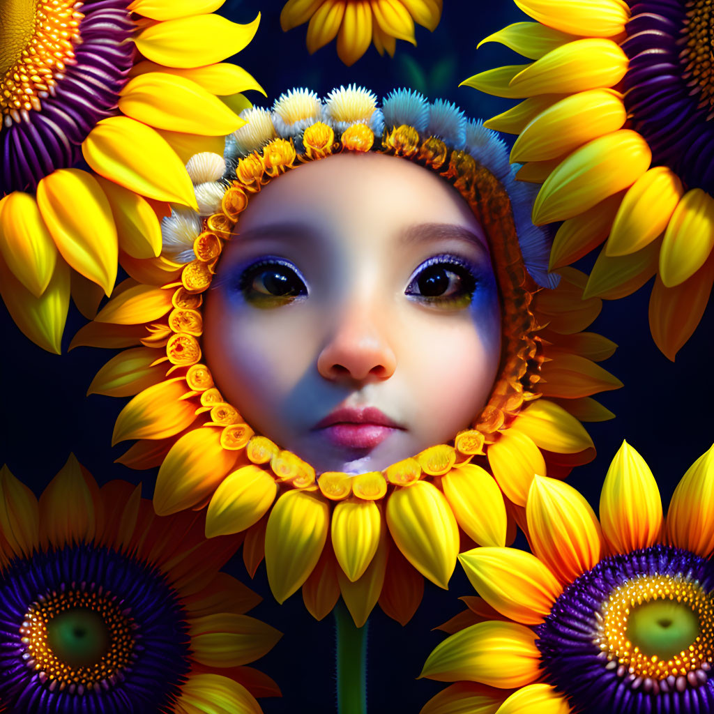 Vibrant digital artwork of young girl's face with sunflower petals