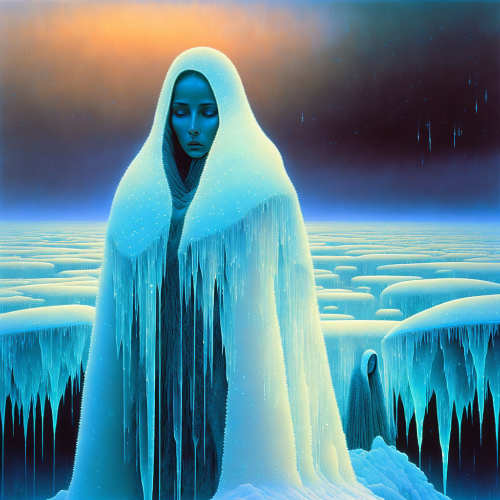 Surreal painting: Figures in icy cloaks, frozen landscape, warm-hued sky