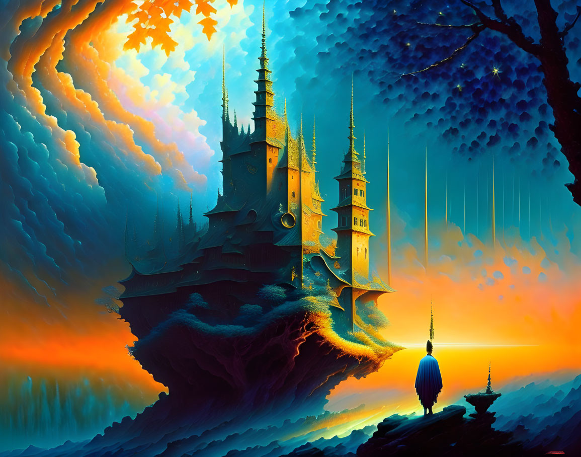 Solitary figure gazes at floating castle in vibrant sunset-to-starry night scene