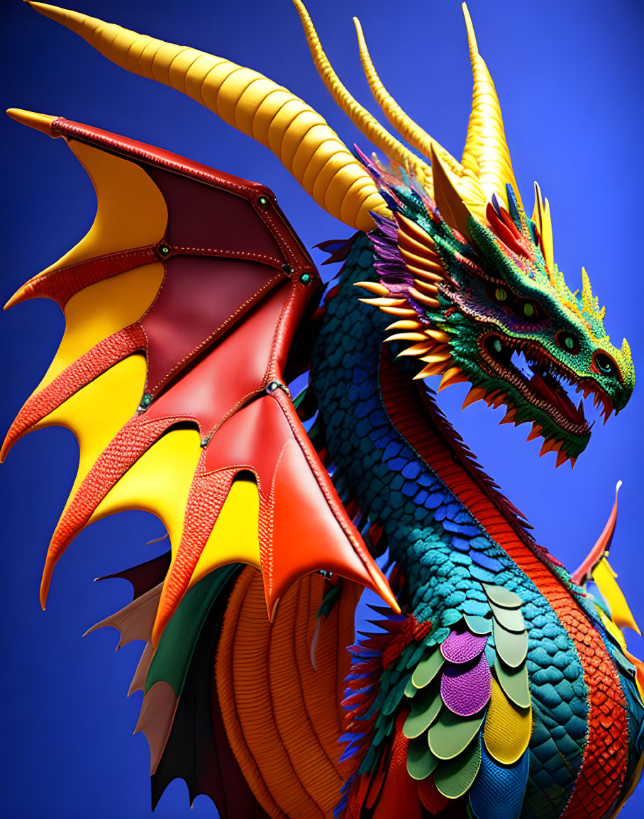 Colorful Dragon with Elaborate Features on Blue Background