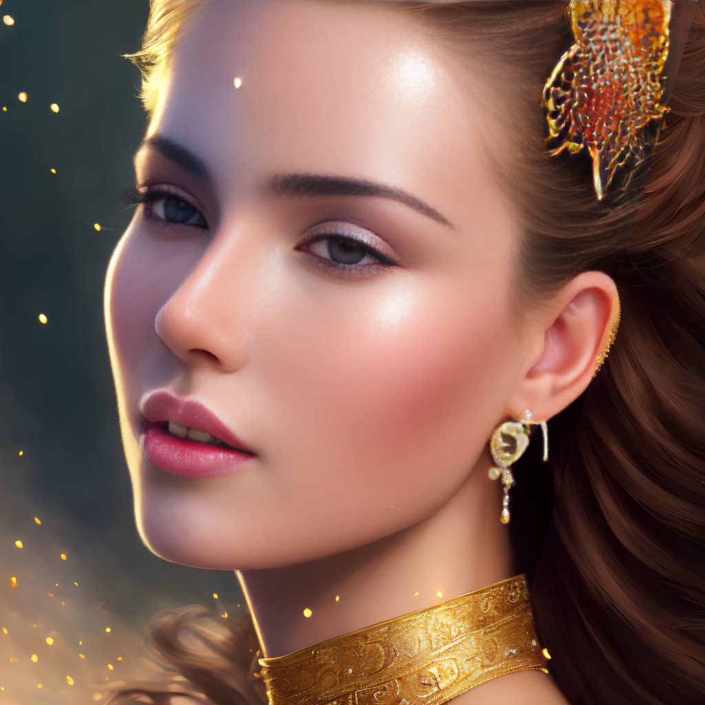 Digital portrait of a woman with glowing skin and golden jewelry