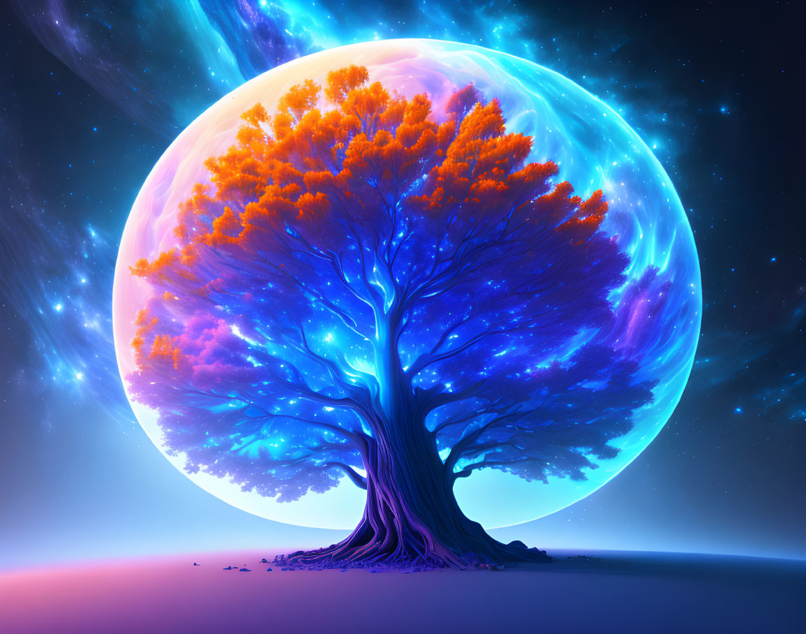 Colorful artwork: Lone tree with fiery orange leaves against large planet and starry sky