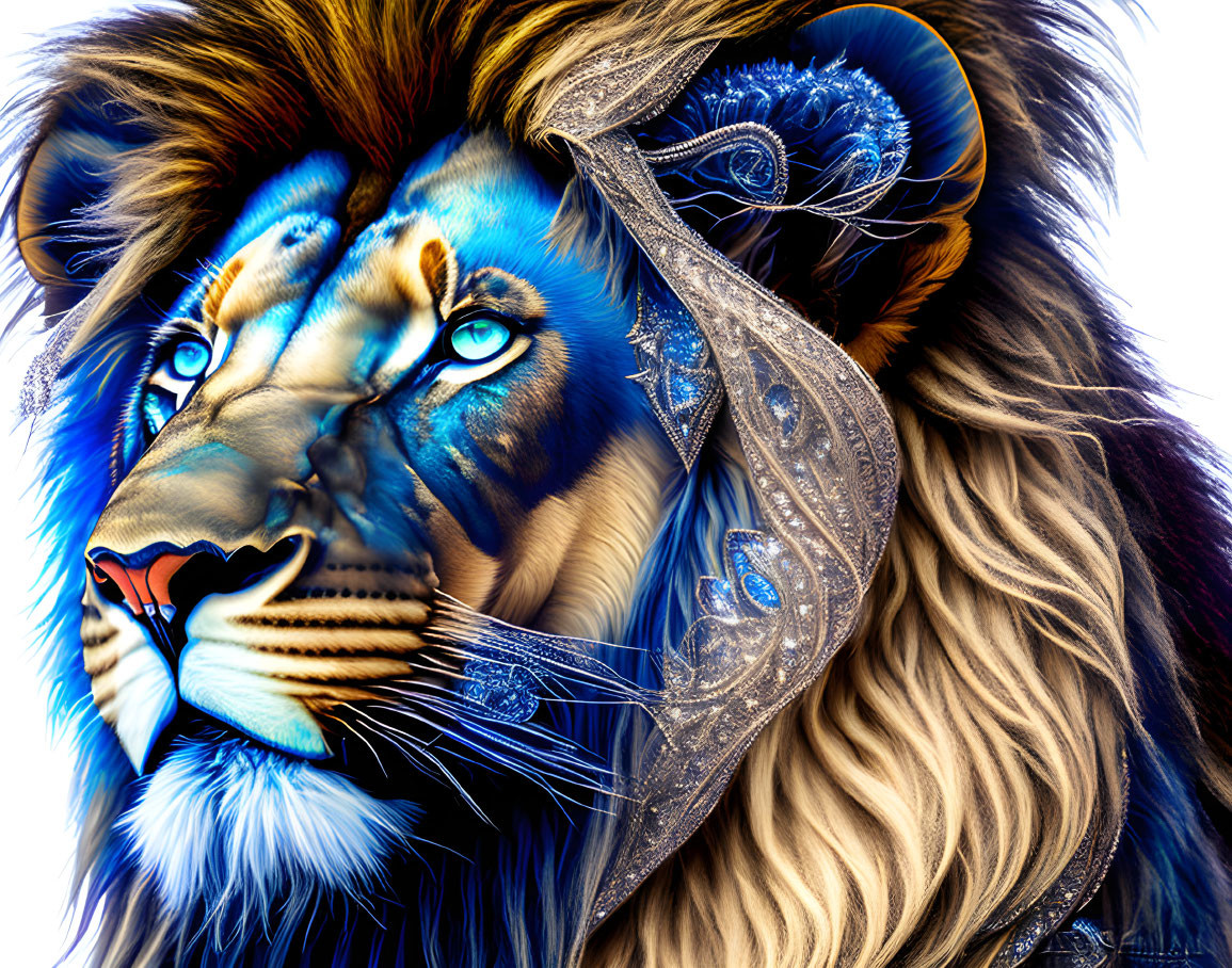 Colorful lion digital art with realistic and fantastical elements in blue hues.