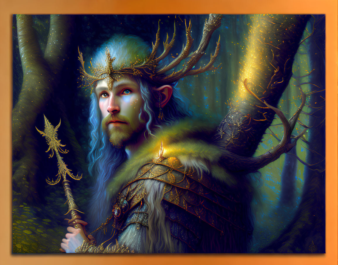 Enchanting elf-like figure in intricate armor against forest backdrop