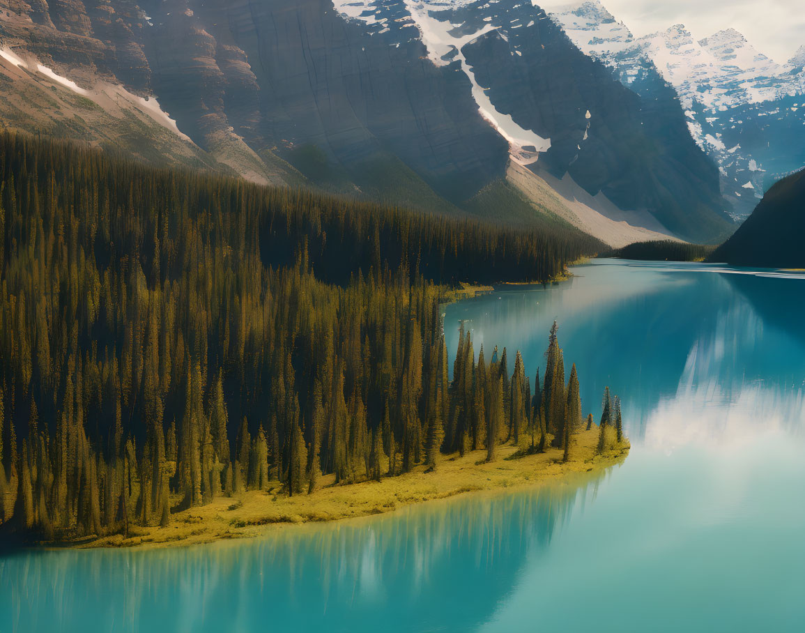 Snowy mountains reflected in tranquil turquoise lake with pine forests