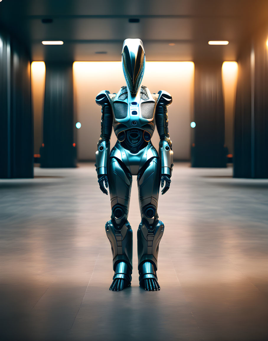 Sleek humanoid robot in futuristic corridor