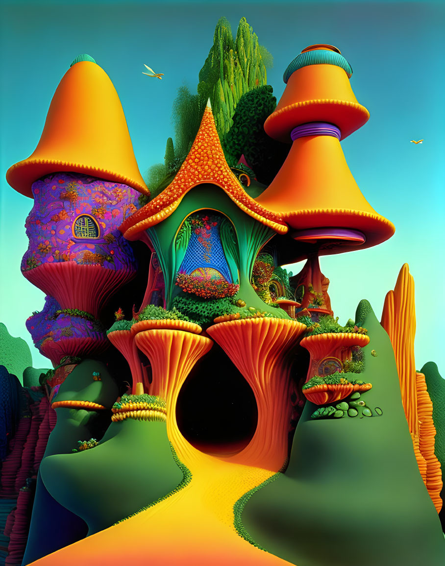 Fantastical landscape with oversized mushroom-shaped structures surrounded by lush greenery