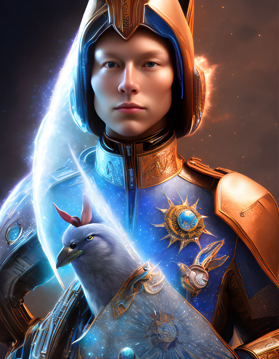 Futuristic digital art: person in ornate armor with blue energy field and realistic bird