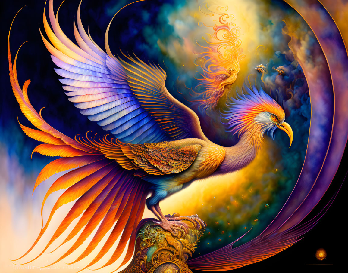 Colorful Phoenix with Orange and Blue Wings Against Cosmic Background