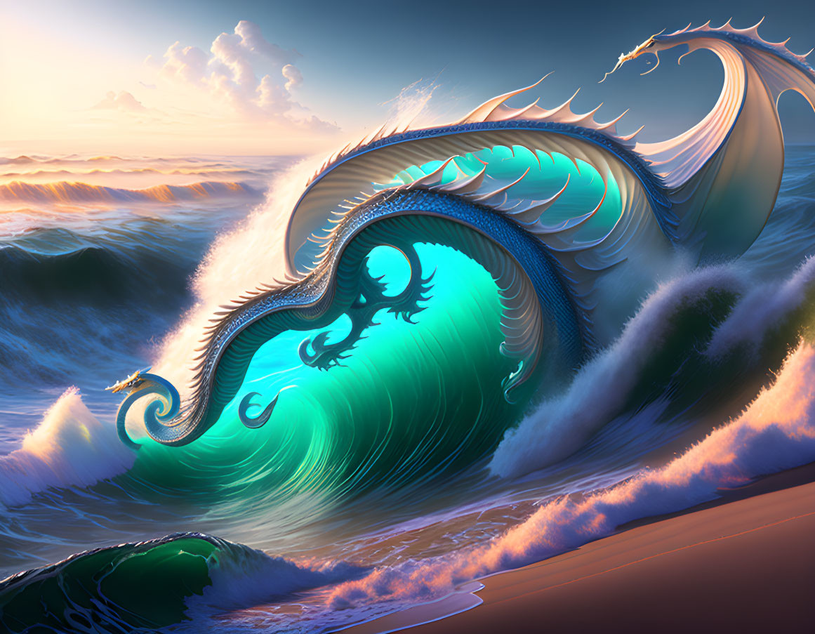 Sea dragons merging with ocean waves under a sunset sky