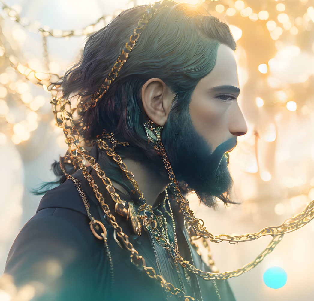 Bearded man with golden chains in sunlight illustration