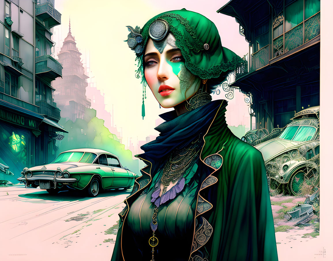 Futuristic steampunk digital art with woman in green outfit