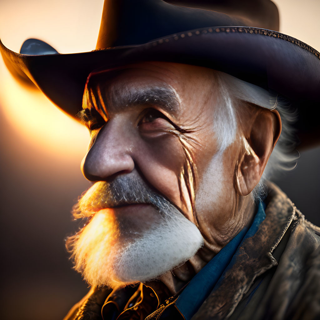 Elderly man with white mustache in cowboy hat at sunset