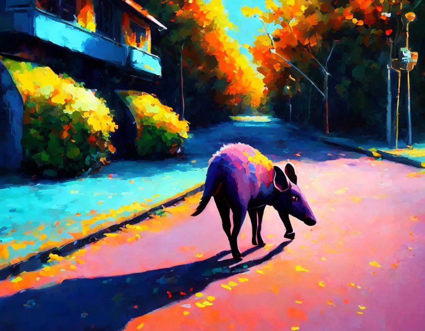 Vibrant kangaroo painting on autumn street under sunlight