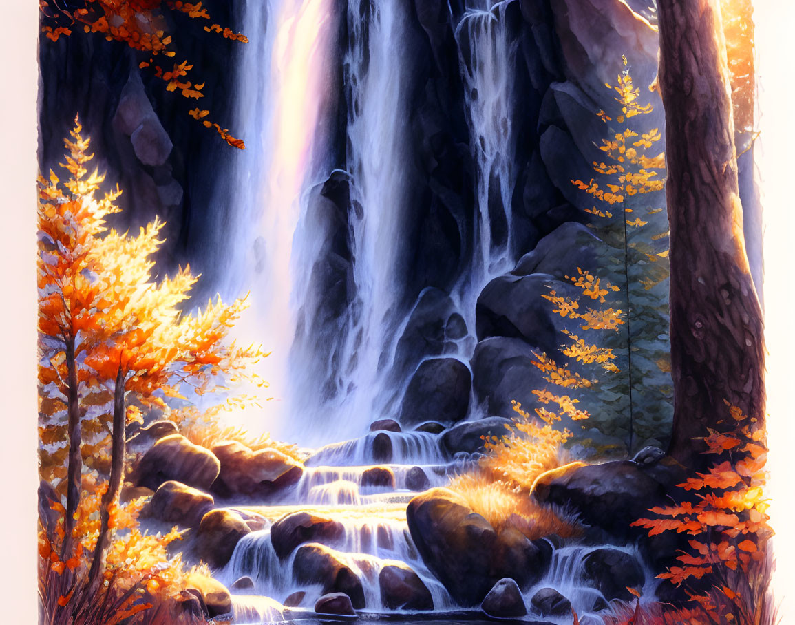 Tranquil Autumn Waterfall Surrounded by Colorful Trees