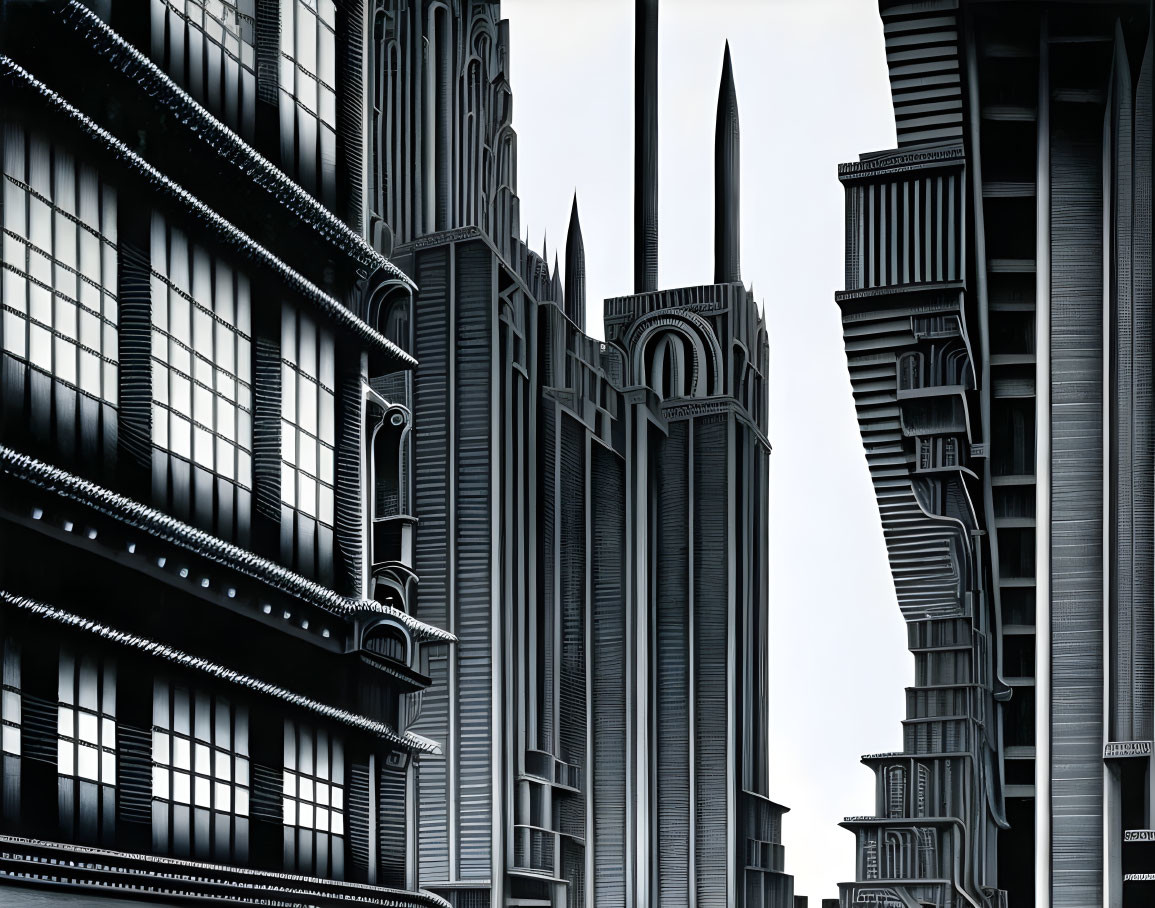 Monochromatic futuristic skyscrapers with gothic spires and layered facades