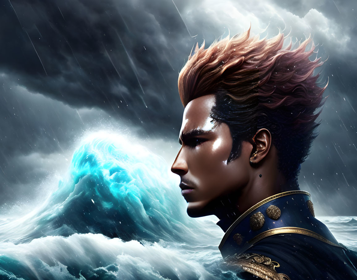 Digital artwork: man with stylized hairstyle, stormy sky, large wave