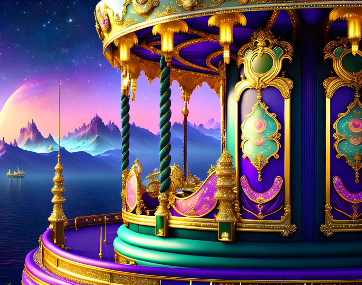 Colorful Carousel Against Fantasy Landscape with Mountains and Sunset Sky