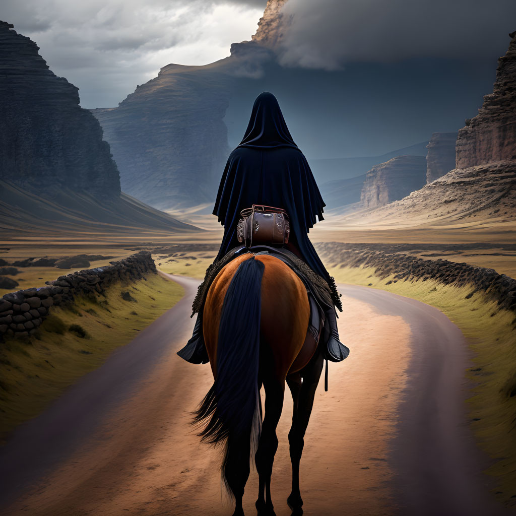 Cloaked Figure on Brown Horse Riding Desert Road Amid Towering Cliffs