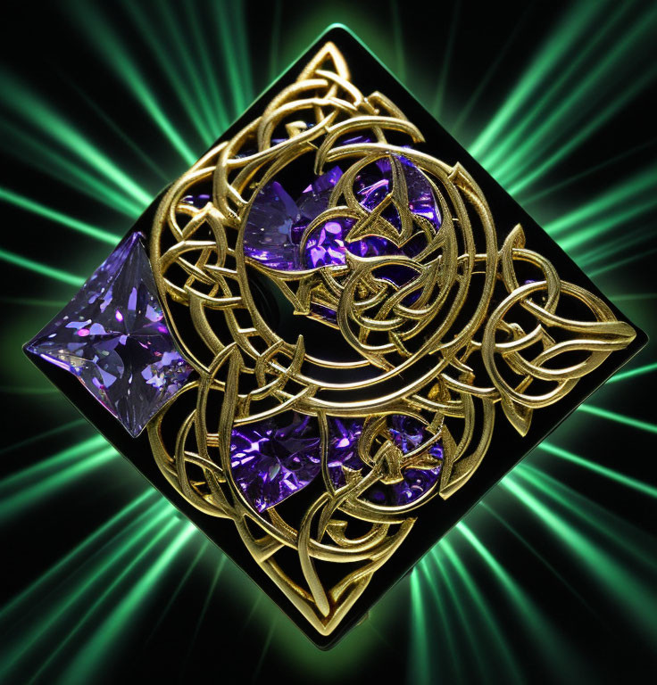 Golden Celtic Knot Design with Purple Gemstones on Green Starburst Background