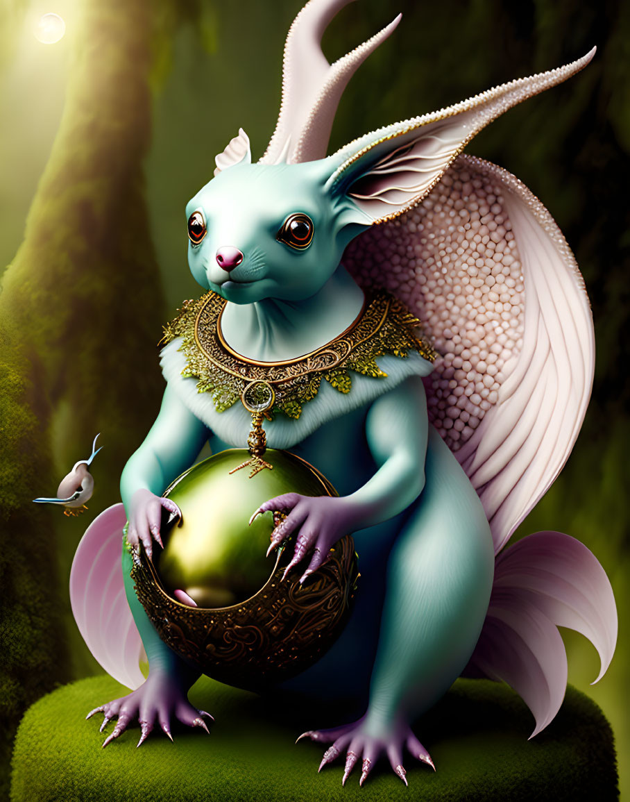 Blue creature with wings and orb in lush fantasy scene