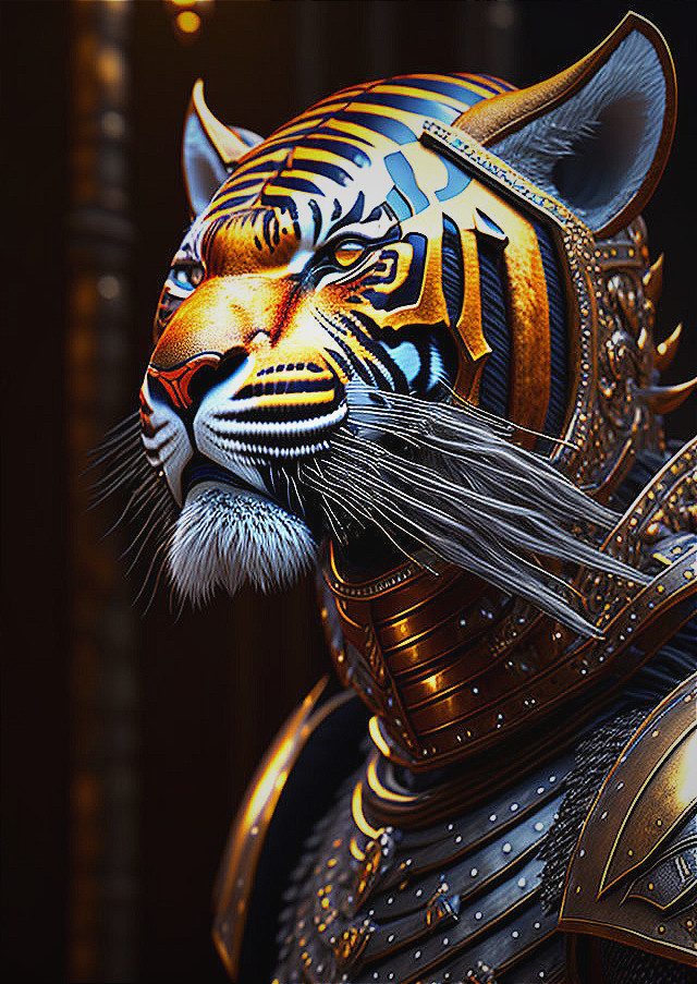 Detailed Tiger Head Art in Blue and Orange Armor