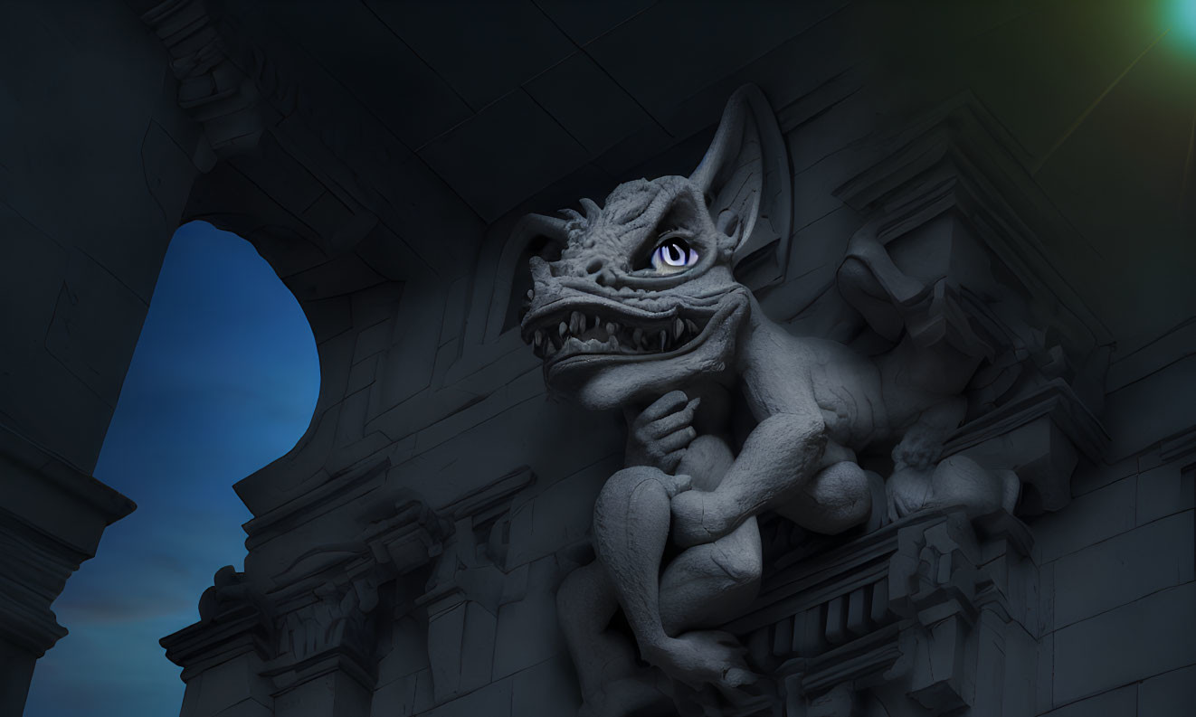 Stone gargoyle perched on ornate building under moonlit sky