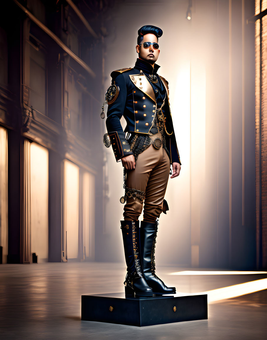 Elaborate military-inspired outfit with ornate details and high boots pose on pedestal