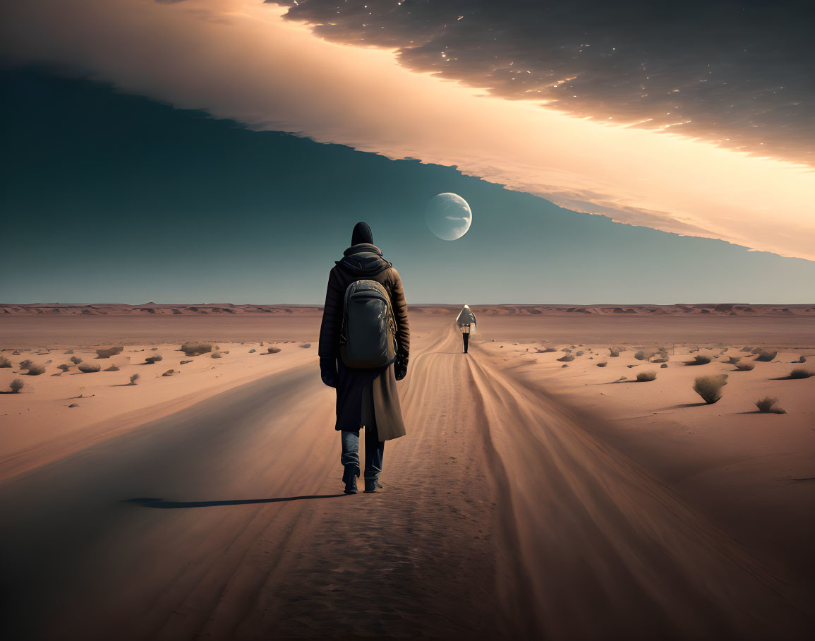 Lonely figure in coat walks desert road under surreal sky with oversized moon.