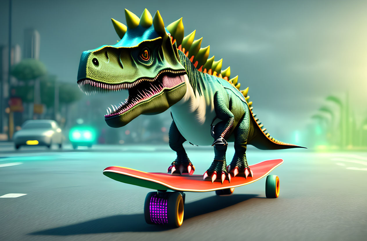 3D dinosaur with stegosaurus helmet skateboarding in city street at dusk