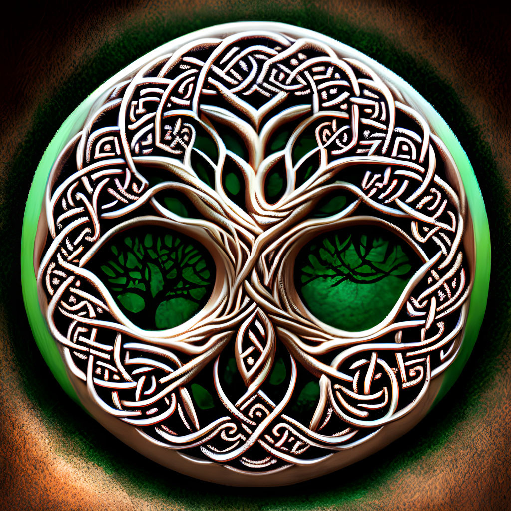 Circular Celtic Knot Tree of Life Design on Textured Brown Background