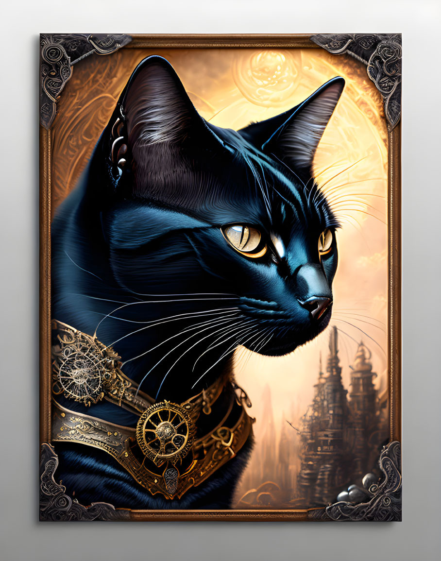 Majestic black cat portrait with steampunk gear on copper backdrop