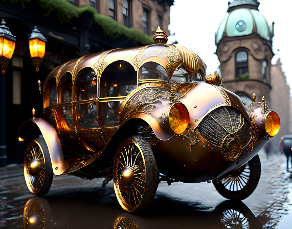 Steampunk-style car with intricate metalwork on cobblestone street