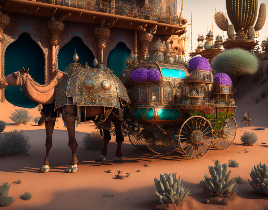 Luxurious camel-drawn carriage in desert with ornate designs