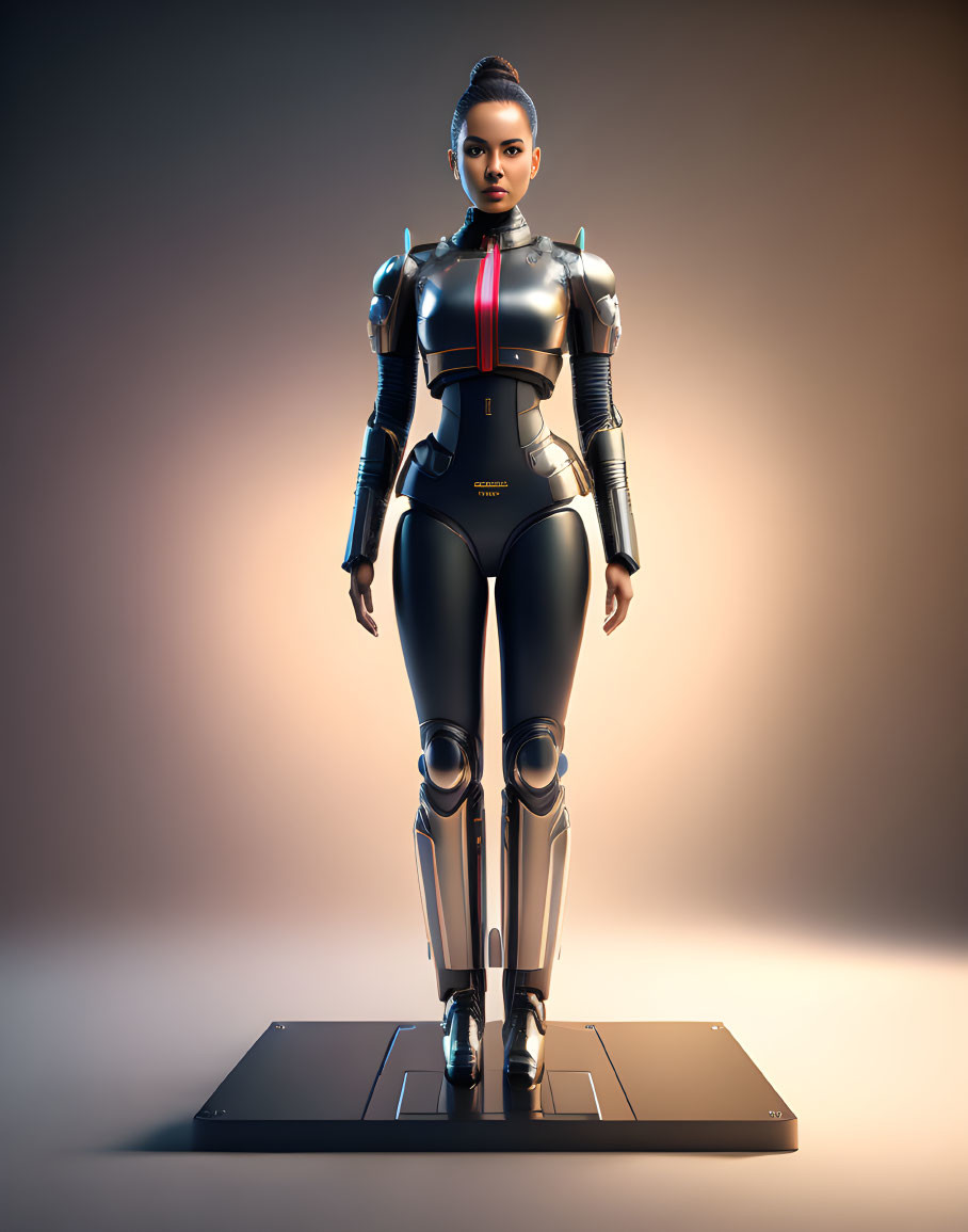 Female humanoid robot in black and silver armor on gradient backdrop