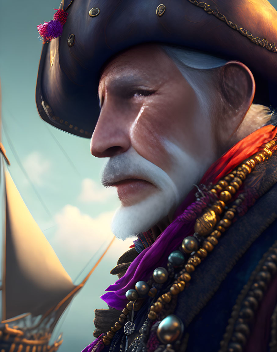 Close-up digital portrait of an aged pirate captain with tricorne hat and ship backdrop