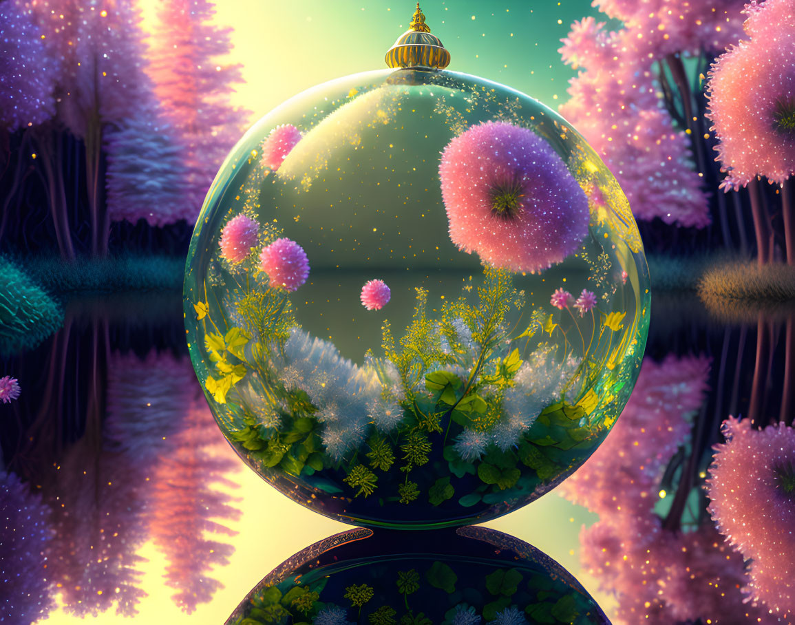 Colorful glass sphere reflecting magical landscape with pink blossoming trees