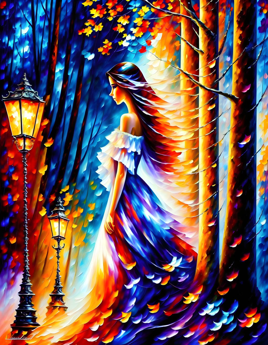 Colorful painting of a woman in flowing dress among autumnal forest and street lamps