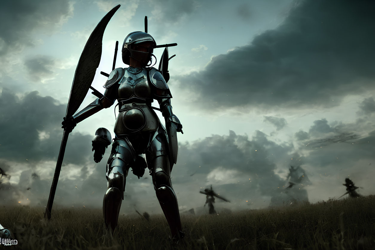 Armored warrior with spear in stormy sky battle scene