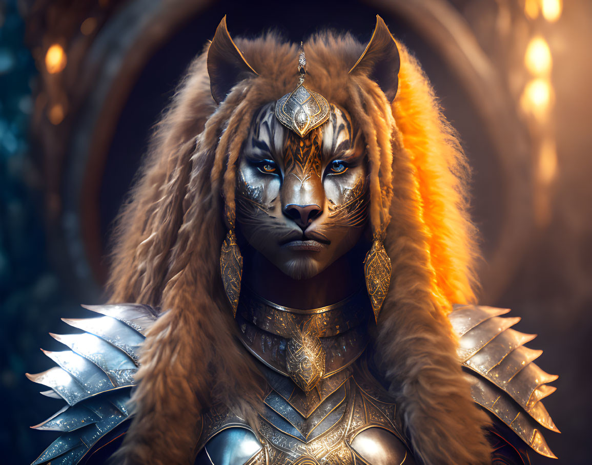 Regal lion humanoid in ornate armor and headpiece