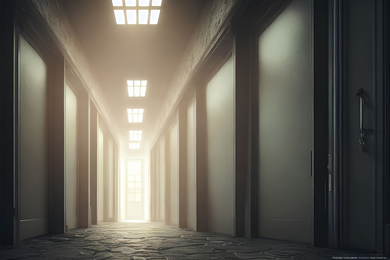 Bright Hallway with Doors and Sunlit Stone Floor