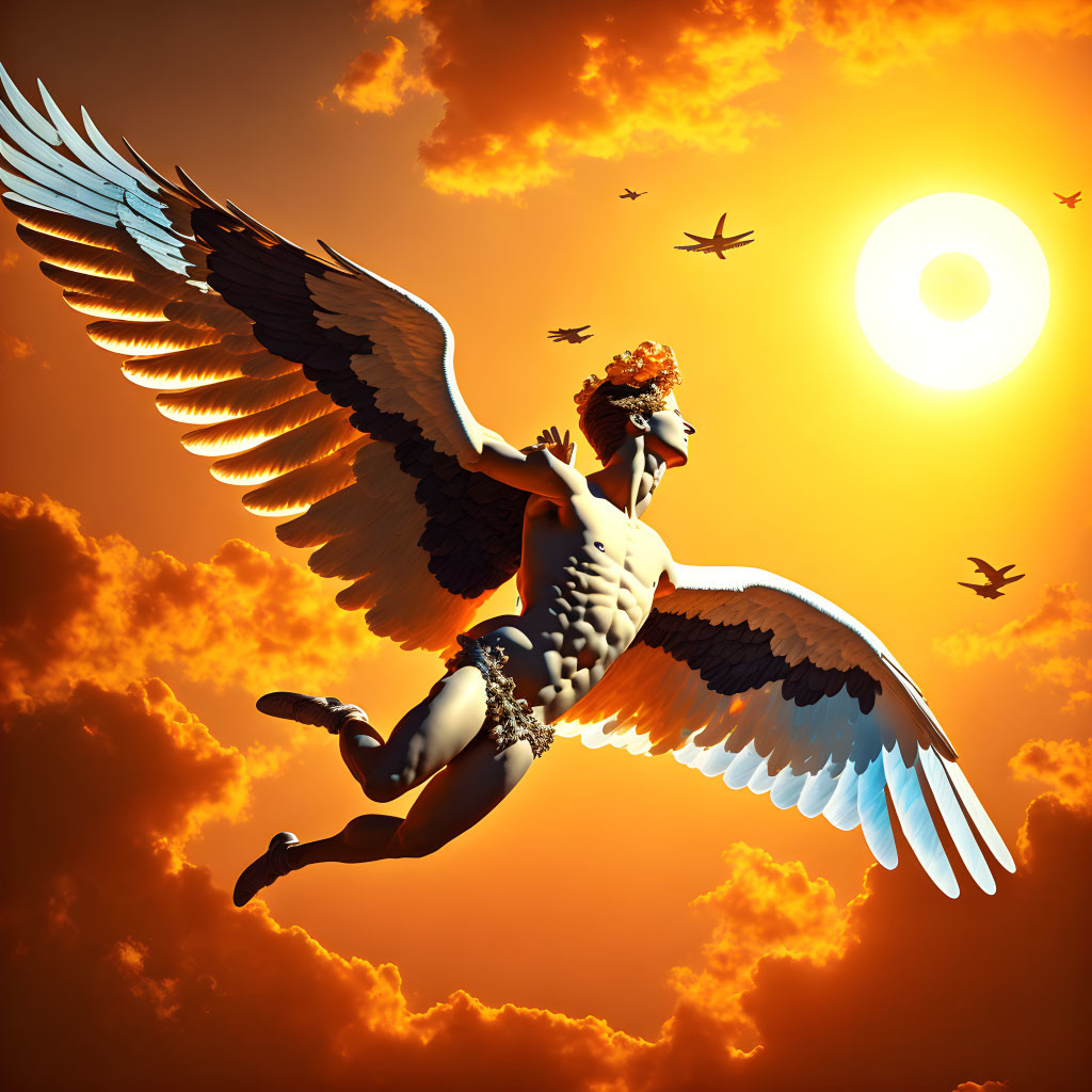 Mythological figure with large wings flying towards the sun in cloudy orange sky