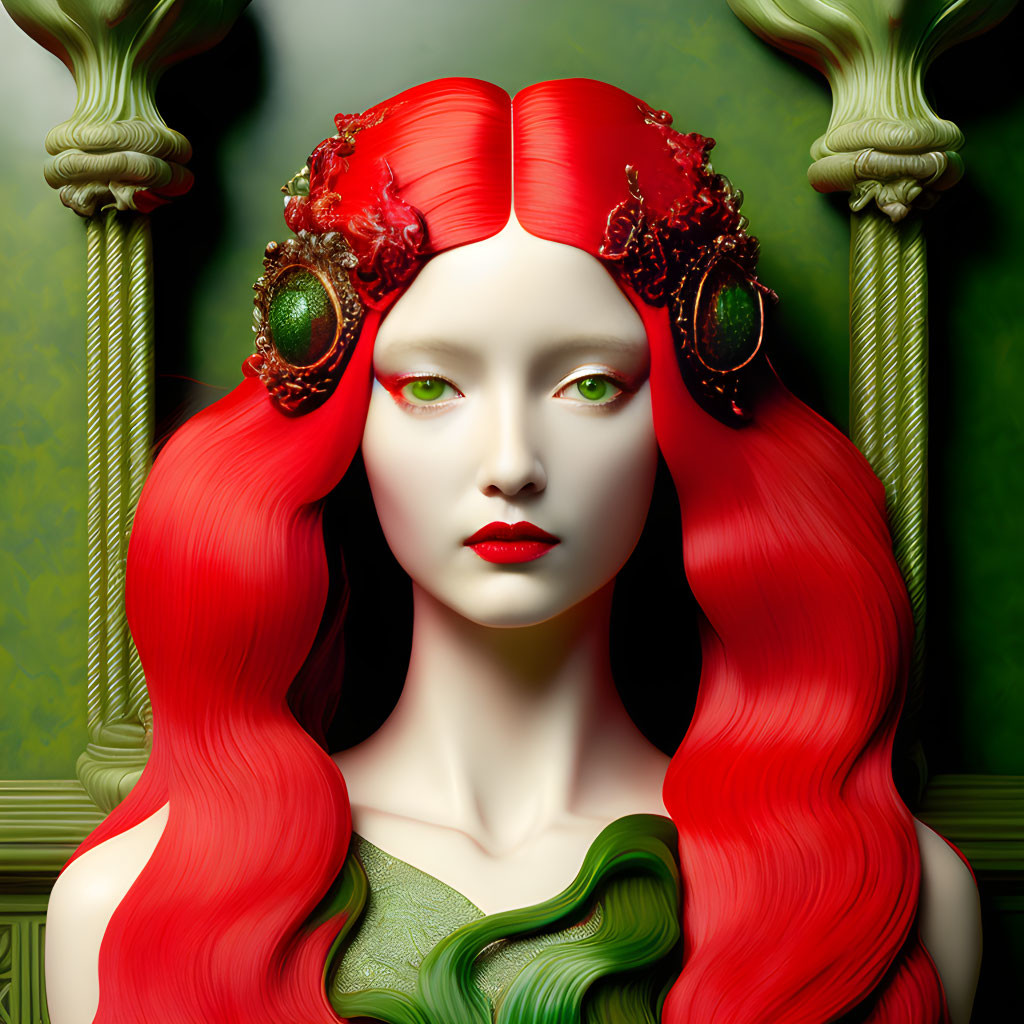 Surrealist portrait with red hair, green skin, and ornate headwear against column backdrop