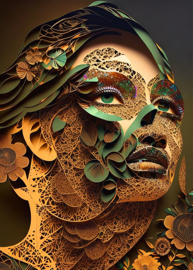 Intricate floral and lace patterns on woman's face in brown, green, and gold tones